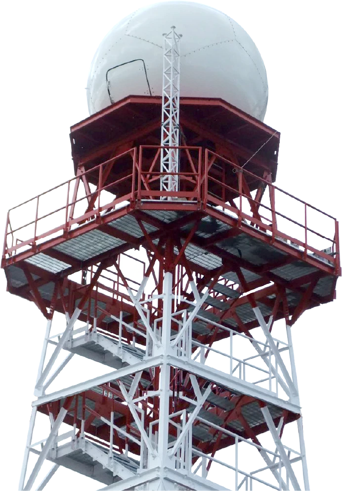 A weather radar tower with a large spherical radome on top, painted white and red, featuring platforms and railings at various levels.