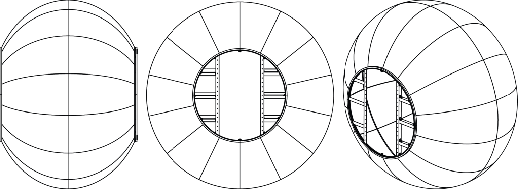 Three spheres with gridlines and internal structural lines are shown, each featuring a central rectangular section cut out. Viewed from front, side, and three-quarter perspectives, these shapes highlight potential applications in geometry and design.